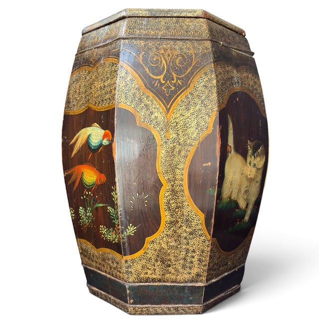 Mid 20th Century Unusual Kitten & Goldfish Octagonal Rice Barrel Hand-Painted Lacquer Wood 17.5" For Sale - Image 14 of 18