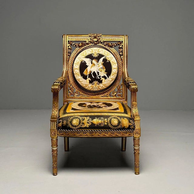 1960s Louis Xvi, French Arm Chair, Versace Fabric, Giltwood, France, 1960s For Sale - Image 5 of 12