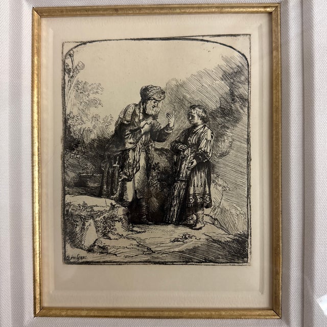 Figurative Etching of Abraham and Isaac by the Dutch Master Rembrandt Van Rijn, Created in 1645. Framed Reproduction Print For Sale - Image 3 of 12