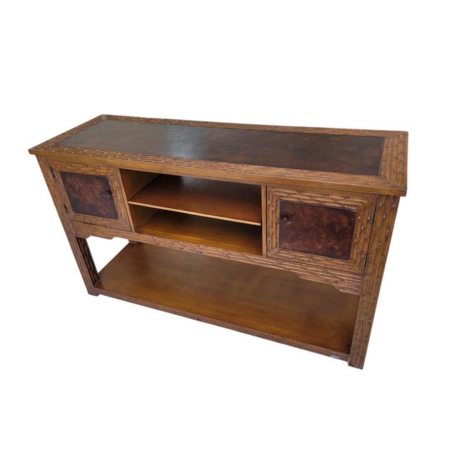 1980s Spanish Revival Hand-Gouged Wood Media Console Credenza With Shelf For Sale - Image 4 of 11