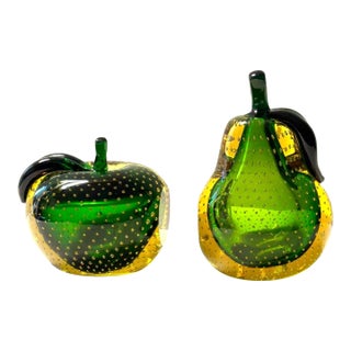 "Rare and Beautiful Color" Murano Mid Century 1950's Art Glass Apple and Pear Bookends For Sale