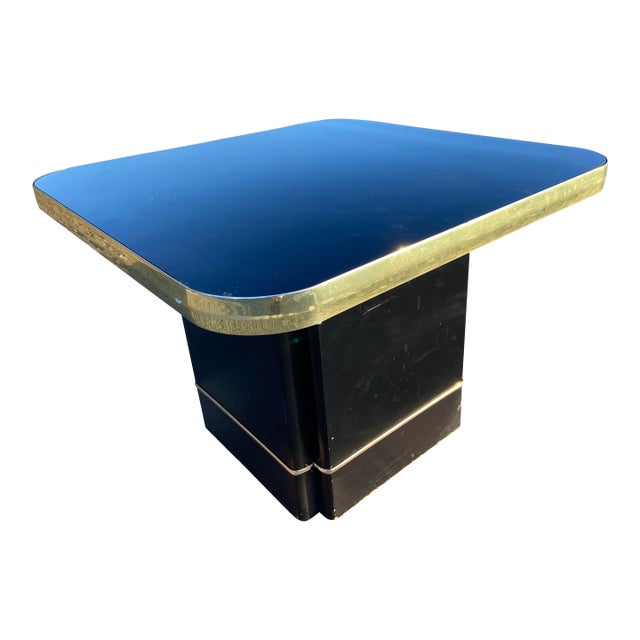 Postmodern Side End Coffee Table With Mirror Top & Black Lacquered Pedestal Base For Sale