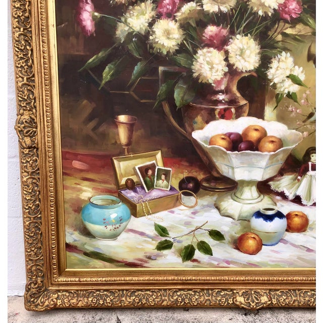 P. Mozah 20th Century Oil Painting, Still Life, Spring Flowers, Ornate Gold Frame For Sale - Image 11 of 15