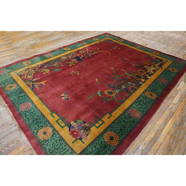 Raspberry Pink 1920s Fuschia Open Field Floral Modern Antique Chinese Art Deco Knotted Wool Rug For Sale - Image 8 of 10