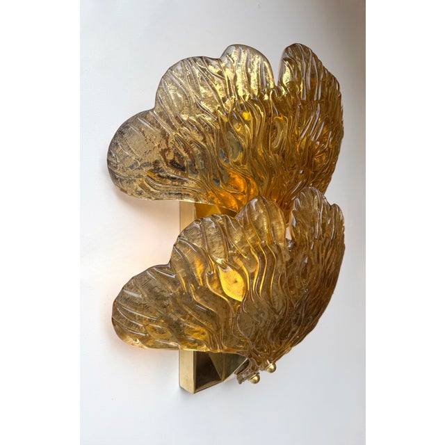 Mid-Century Modern Contemporary Brass and Gold Murano Glass Palm Sconces, Italy - a Pair For Sale - Image 3 of 12