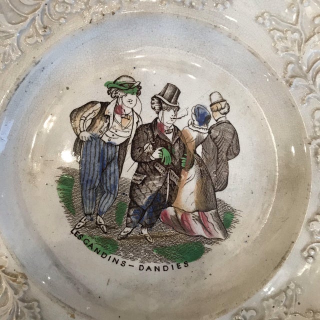 Set of Three French Early 1800s Century Plates: Flowers, Boatmen, Dandies and Schoolmaster For Sale - Image 4 of 9