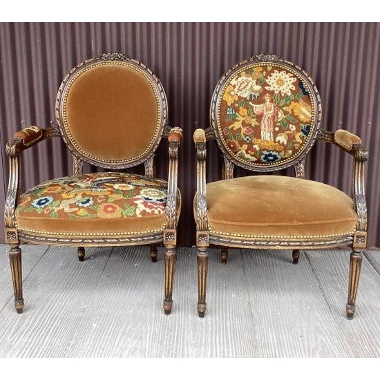 I found the needlepoint on these chairs still on uncut canvas. Perfect for these Louis XVI style armchairs.