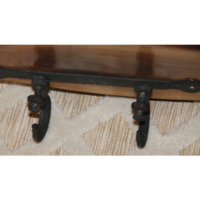 2000 - 2009 Handmade Raw Edge Wood Plank Coat Rack W/ 4 Large Cast Iron Hooks For Sale - Image 5 of 8