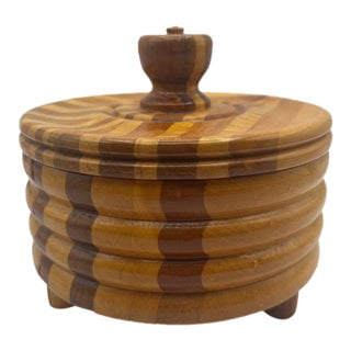1996 Handcrafted Laminated Wood Lidded Bowl With Geometric Inlay For Sale