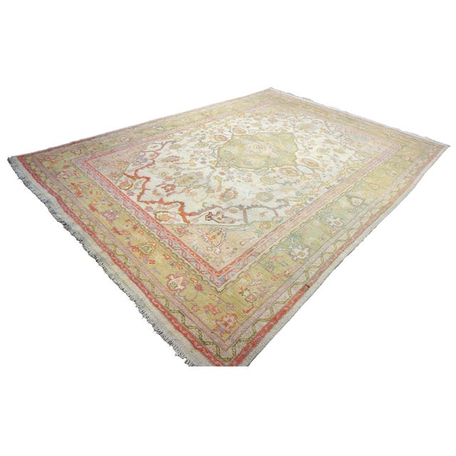 Turkish Antique Turkish Oushak Wool 10x13 Olive, Ivory, & Pink Handmade Area Rug #1144268 For Sale - Image 3 of 15