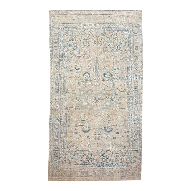 Antique Rug 4x7 | Faded Ivory & Blue With Stylized Geometric & Floral Motifs For Sale