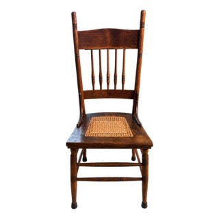 Antique Oak Pressed-Back Dining Chair With Cane Seat and Turned Spindles For Sale