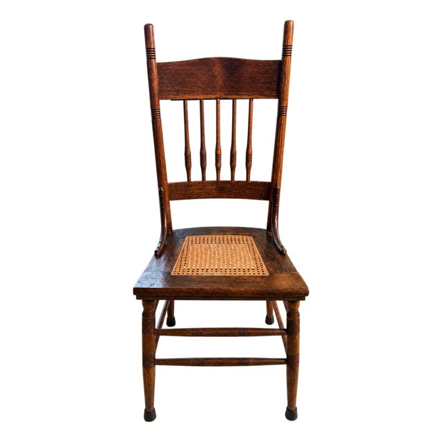 Antique Oak Pressed-Back Dining Chair With Cane Seat and Turned Spindles For Sale