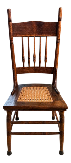 Antique Oak Pressed-Back Dining Chair With Cane Seat and Turned Spindles