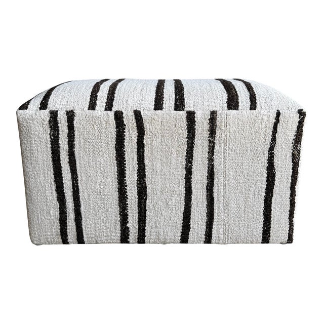 Rectangular Off-White & Dark Brown Striped Ottoman Made From a Vintage Turkish Rug For Sale