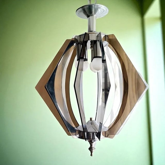 Mid-Century Modern Smoked Acrylic Glass and Chromed Hanging Lamp, 1980s For Sale - Image 11 of 11