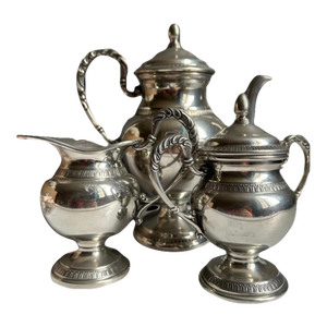 Vintage Pewter Tea Set – Etain 95 French Pot, Creamer & Sugar Bowl- 3 Pieces