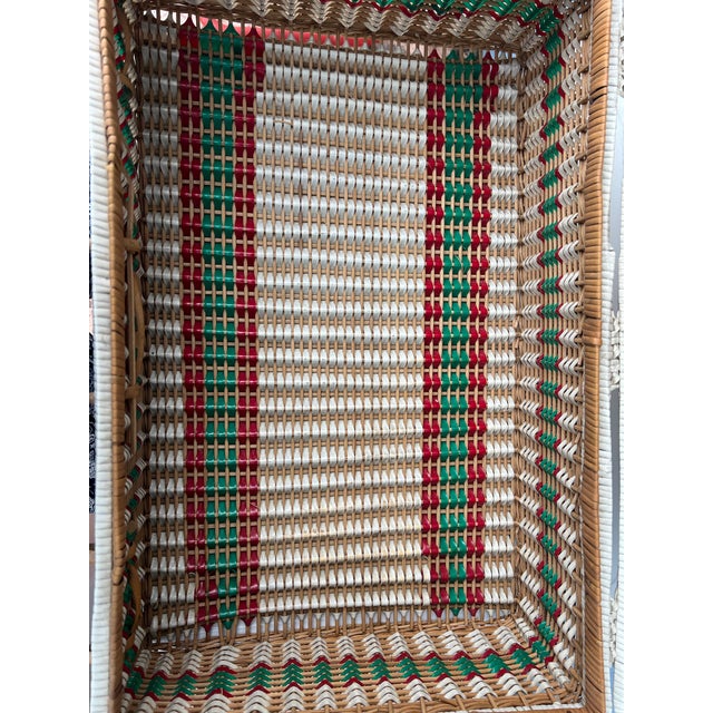 Vintage Wicker and Vinyl Rattan Picnic Basket Red Green and White Picnic Basket Suitcase For Sale - Image 11 of 12