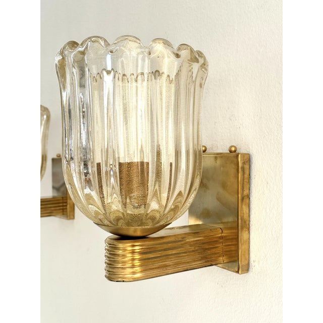 Gold Art Deco Italian Murano Crystal Glass and Brass Wall Sconces, 1990s, Set of 2 For Sale - Image 8 of 14