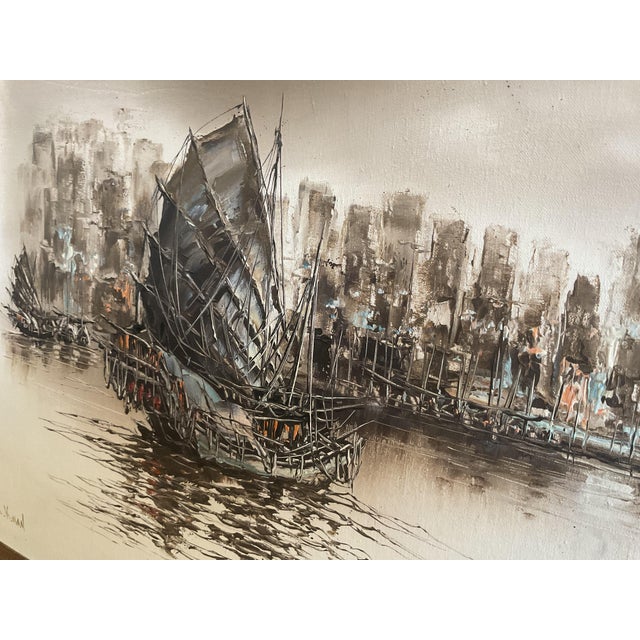 Framed Asian Harbor Scene Ink Wash Drawing Fishing Boats Landscape For Sale - Image 10 of 11