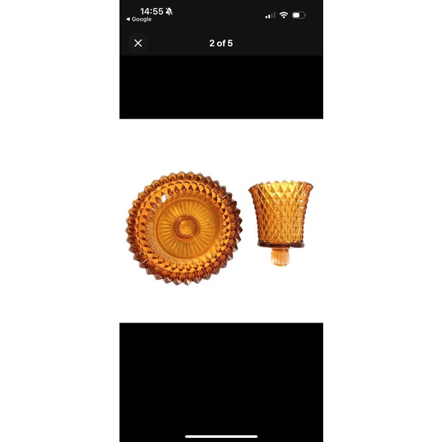 1960s Pair Indiana Glass Amber Diamond Cut Point Votive Peg Holders and Candle Bases, MCM For Sale - Image 5 of 9