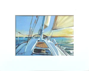 Captain's View; Sailing at Sunset - 5x7" Painting on Paper in 8x10 White Matte