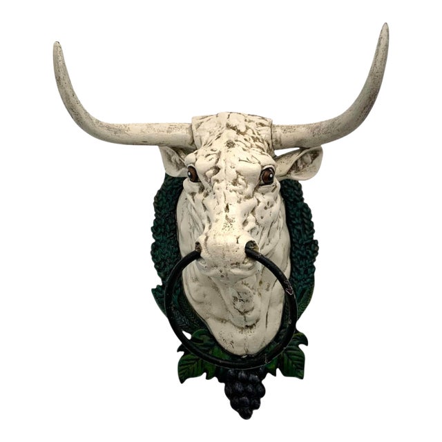 Late 20 Century Bull Head Cast Iron Wall Hook Towel Holder Vintage Farmhouse Rustic Decor For Sale