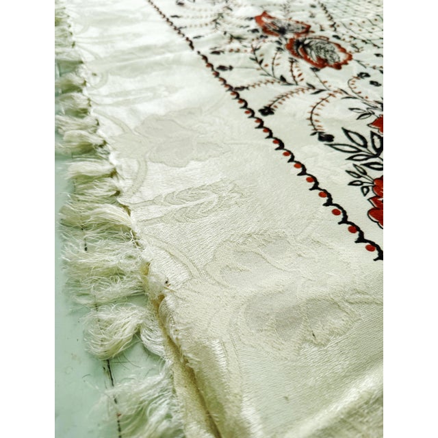 Textile Vintage Hand Printed Indian Cotton Banquet Tablecloth With Jacquard Floral Damask & Fringe For Sale - Image 7 of 10