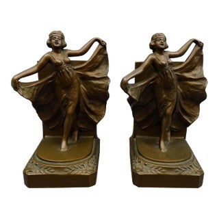 Loie Fuller Dancing Girl Flapper Spelt Bronze Pair of Bookends For Sale