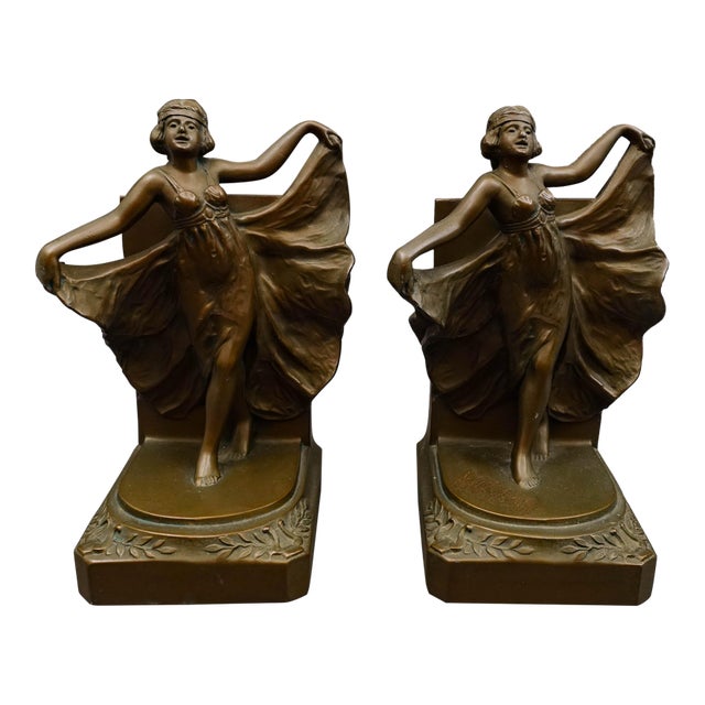 Loie Fuller Dancing Girl Flapper Spelt Bronze Pair of Bookends For Sale