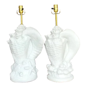 Vintage Coastal Plaster Conch Shell Lamps - Set of Two