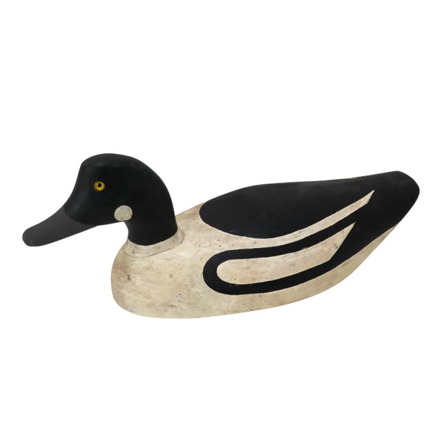 Vintage Hand Carved & Hand Painted Pine Wood Duck Decoy From Maine For Sale