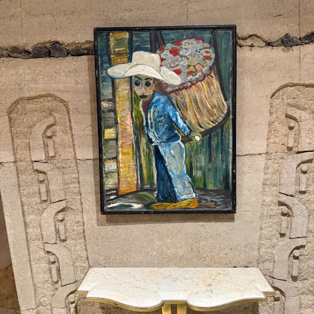 1970s Latin American Art Flower Vendor Oil on Wood For Sale - Image 4 of 12