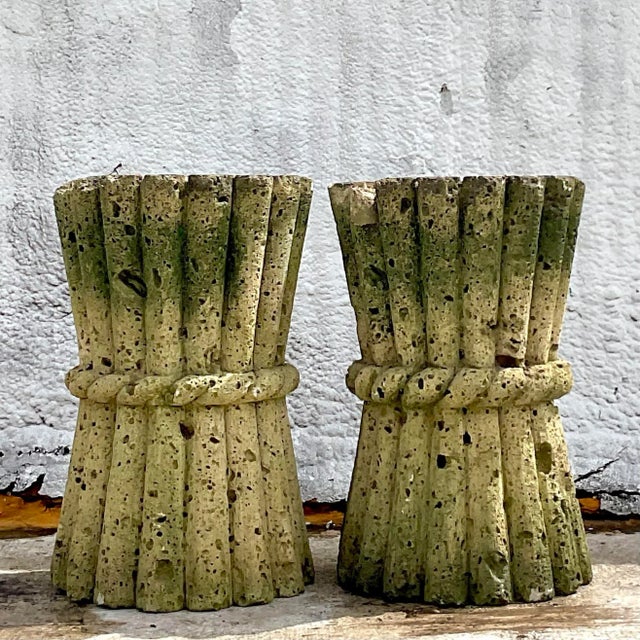 Mid 20th Century Mid 20th Century Vintage Boho Cut Coquina Stone Bamboo Table Pedestals - a Pair For Sale - Image 5 of 9