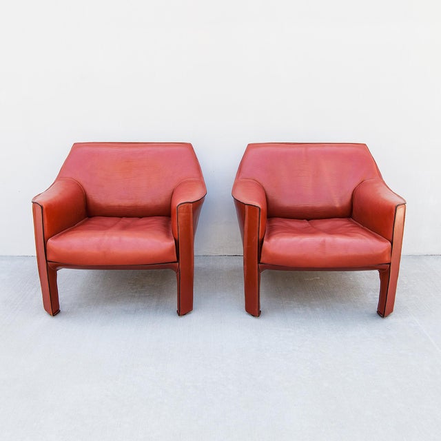 Vintage Cassina Model 415 Cab Lounge Chairs in Terracotta Leather by Mario Bellini For Sale - Image 14 of 15