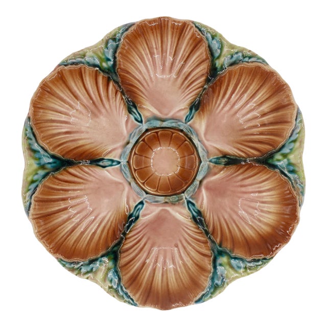 1940s French Art Deco Blue Green and Peach Ceramic Oyster Plate For Sale