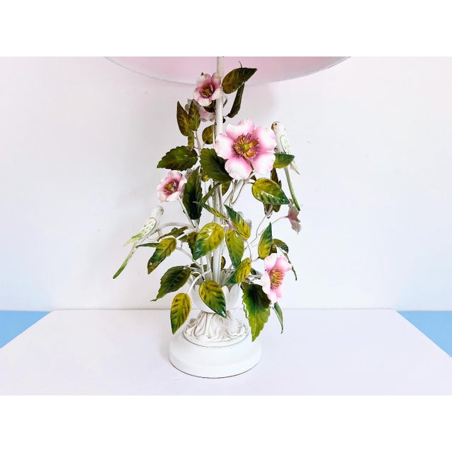 Lovely light and airy Italian tole topiary lamp with hand painted pink peonies, green leaves, and a pair of perky green...