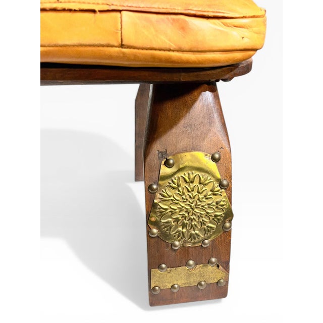 Vintage Mid-Century Egyptian Camel Saddle Stool in Leather and Brass For Sale - Image 14 of 15