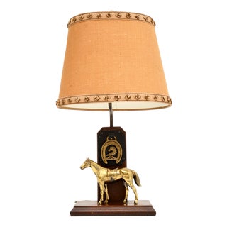Antique Brass and Oak Equestrian Table Lamp, 1920 For Sale