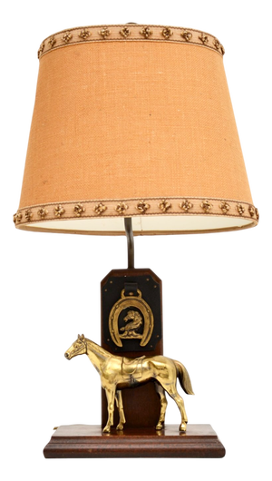 Antique Brass and Oak Equestrian Table Lamp, 1920