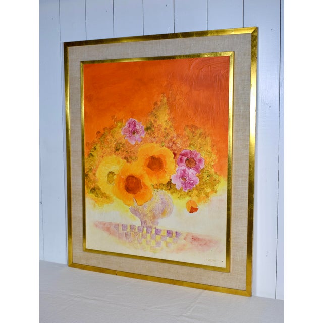 Radiant, lively 1990's floral painting with original gold gilt and linen frame. Artist signed lower right, ready to hang....