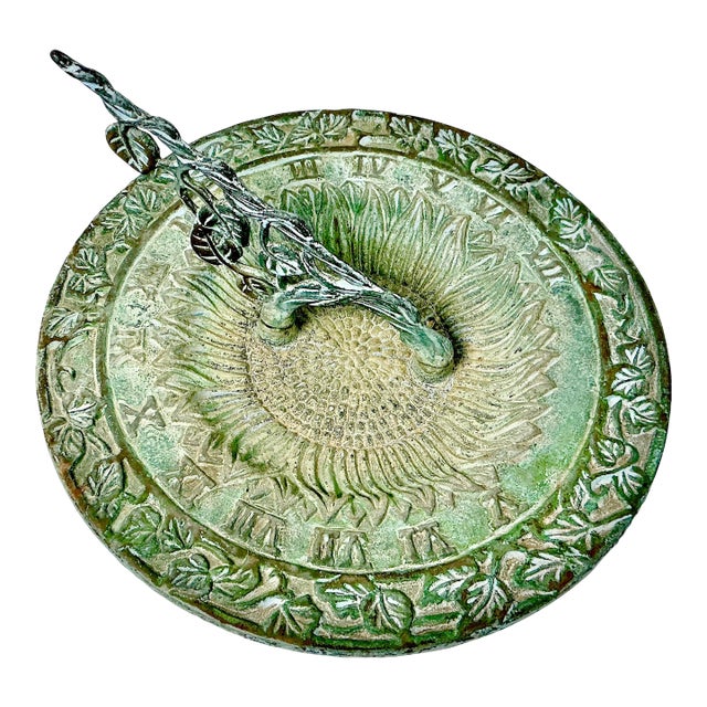 1950s Vintage English Garden Boho Chic Verdigris Green Cast Iron Sundial. For Sale