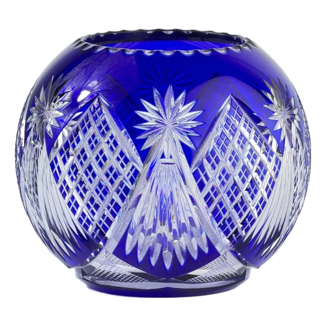 Bohemian Cobalt Blue Cut Crystal Bowl, 1920s-1930s For Sale