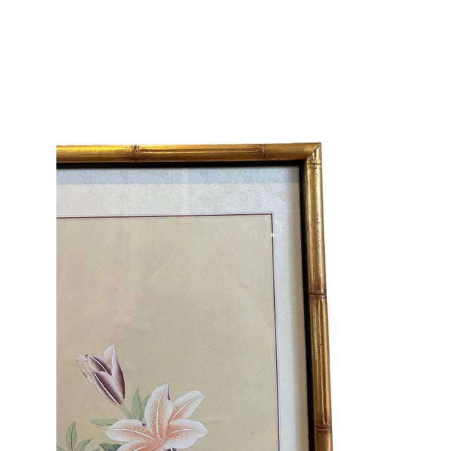 Pair of Asian Inspired Botanical Prints in Gold Bamboo Frames For Sale - Image 9 of 12