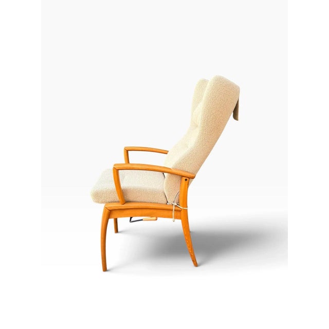 Danish Modern High Wingback Recliner Attributed to Farstrup | Cream Bouclé With Headrest Pillow | Teak Frame For Sale - Image 6 of 15