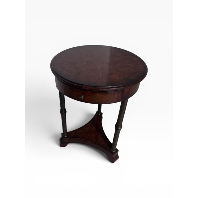 English Theodore Alexander Burl Wood Accent / Martini Table With Drawer & Engraved Metal Supports For Sale - Image 3 of 10