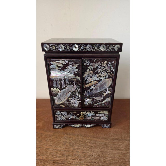 Materials: Lacquered wood, mother of pearl / shell inlay, metal hardware, textile lining Dimensions: 8.25 × 5.75 × 11.75...