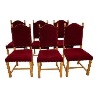 Set of 6 1970s Danish Oak Dining Chairs - Style of Henning Kjærnulf - Original Red Mohair For Sale
