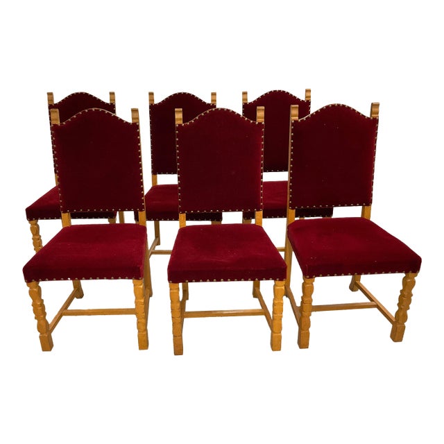 Set of 6 1970s Danish Oak Dining Chairs - Style of Henning Kjærnulf - Original Red Mohair For Sale