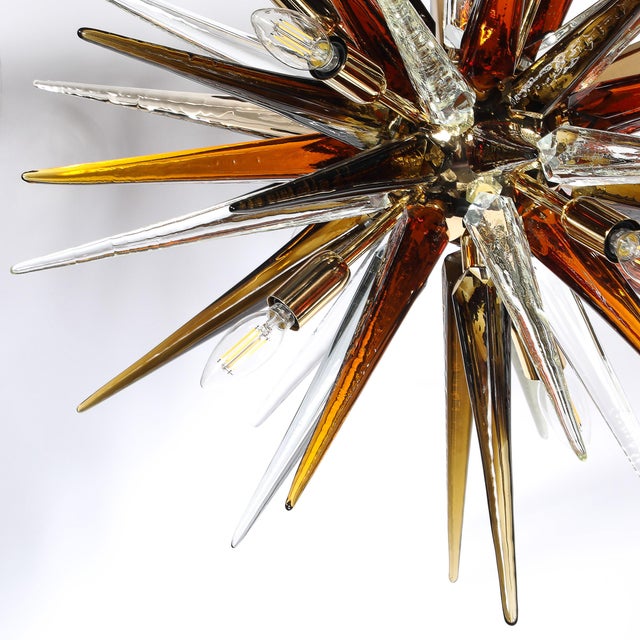 Modernist Mixed Hand-Blown Murano Glass Spike Form Sputnik Chandelier W/ Brass For Sale - Image 13 of 18